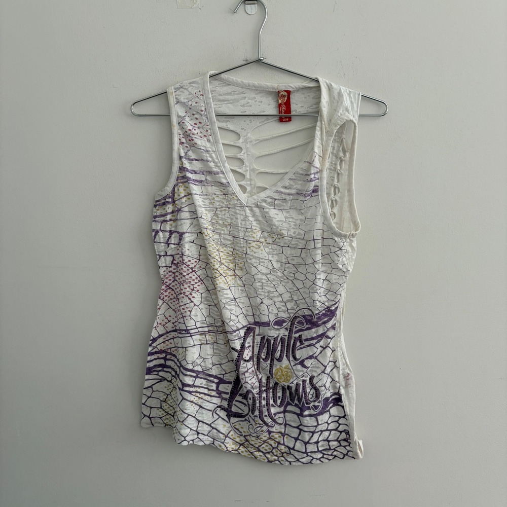 Apple Bottoms Womens White Purple Graphic Tank Top Cut Out Back Size 1X